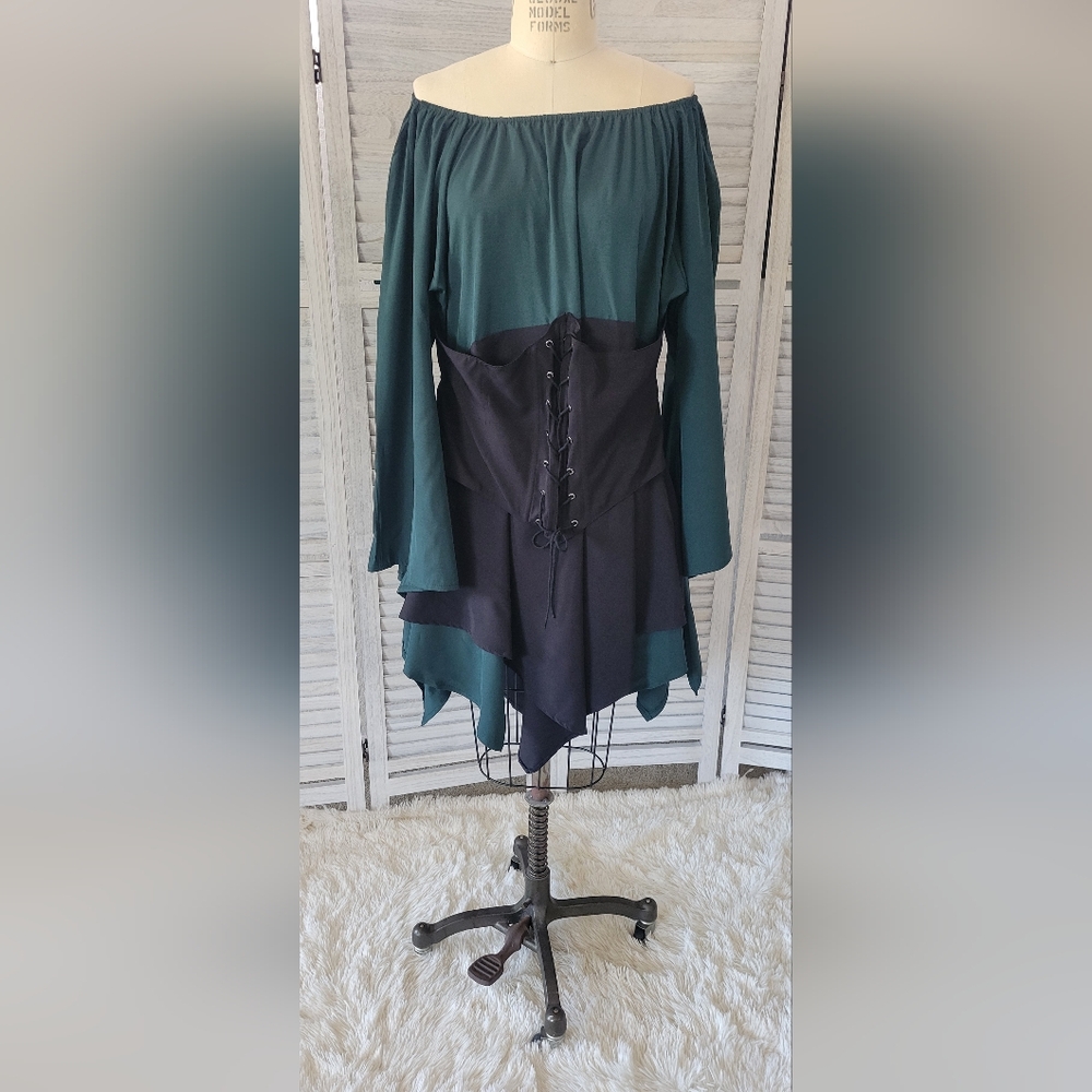 Black green corset dress off the shoulder bat sleeves asymmetrical bottom
